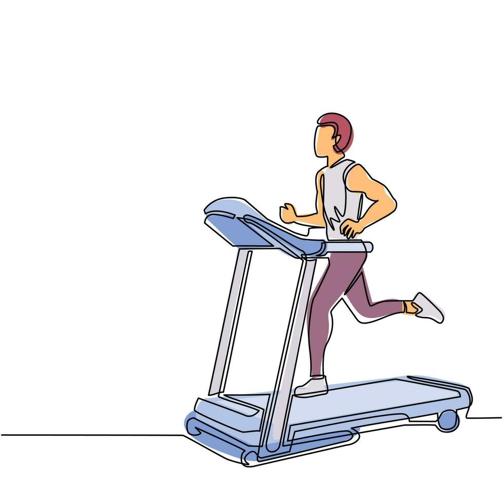 Single one line drawing man running on motorized treadmill. Sportive man on electric training machine cartoon character. Fitness club, gym tool. Continuous line draw design graphic vector illustration