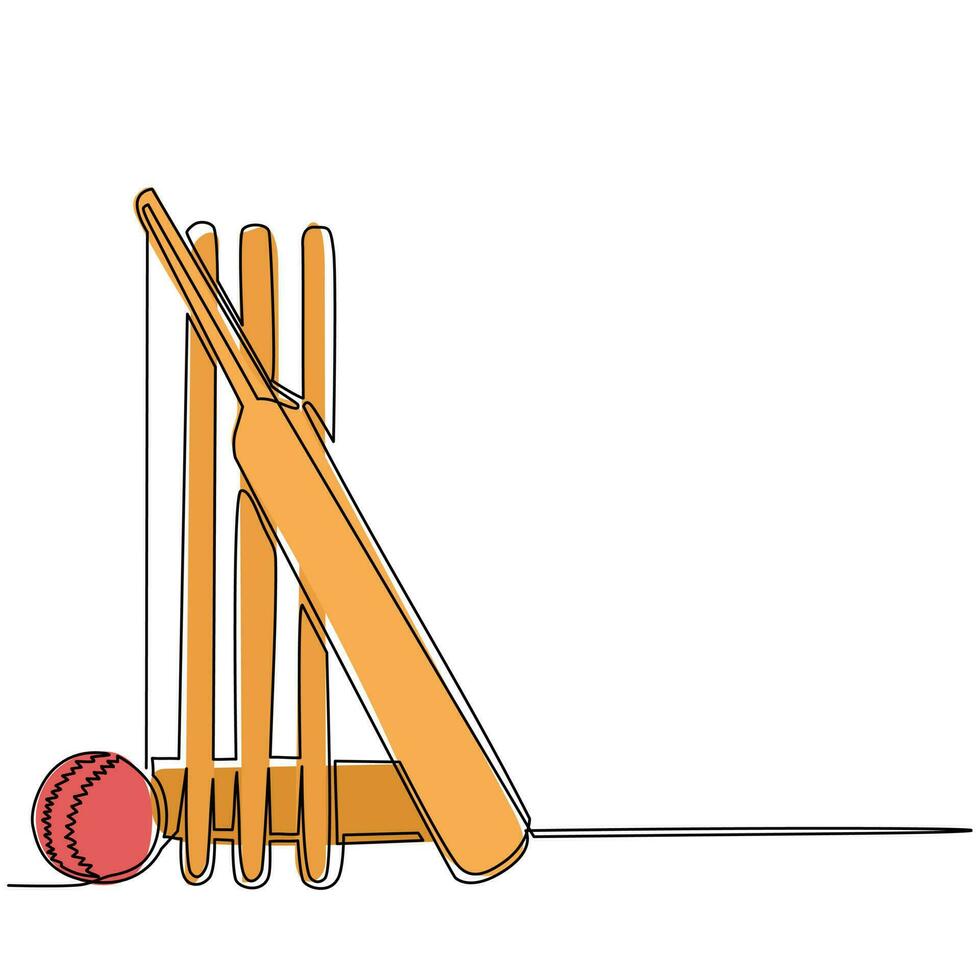 dibujo continuo de una línea de bate de cricket, pelota y tocones de wicket aislados en blanco. establecer el equipo para el juego de cricket. deporte de equipo competitivo y desafiante. ilustración de vector de diseño de dibujo de una sola línea