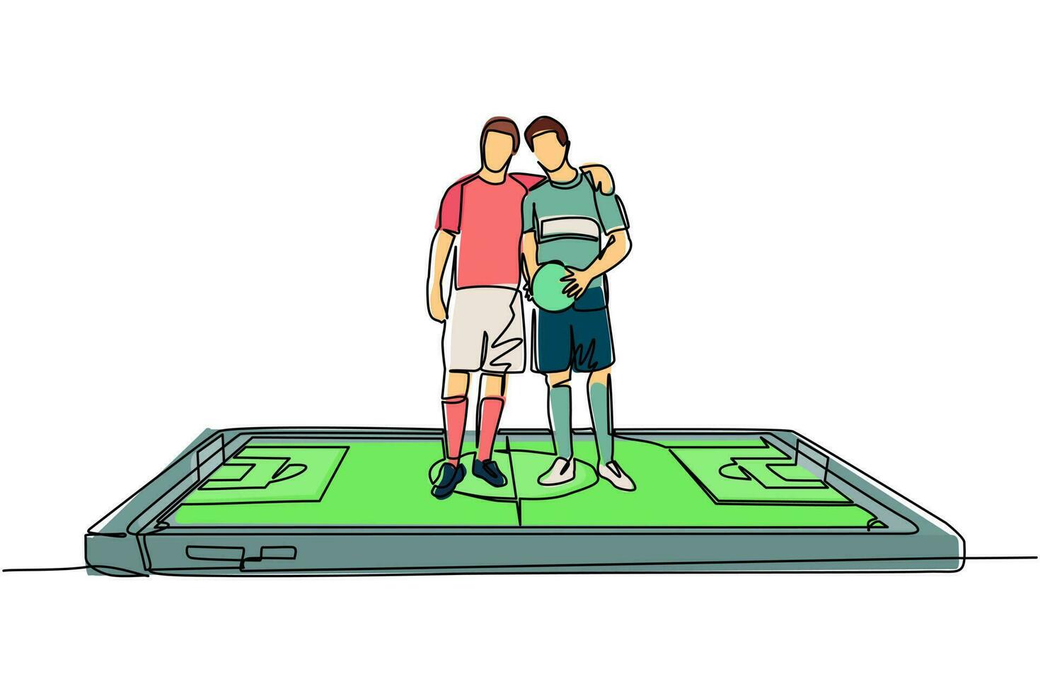 Single continuous line drawing two soccer players embrace each other on surface of smartphone. Mobile football soccer. Mobile sport play match. Dynamic one line draw graphic design vector illustration