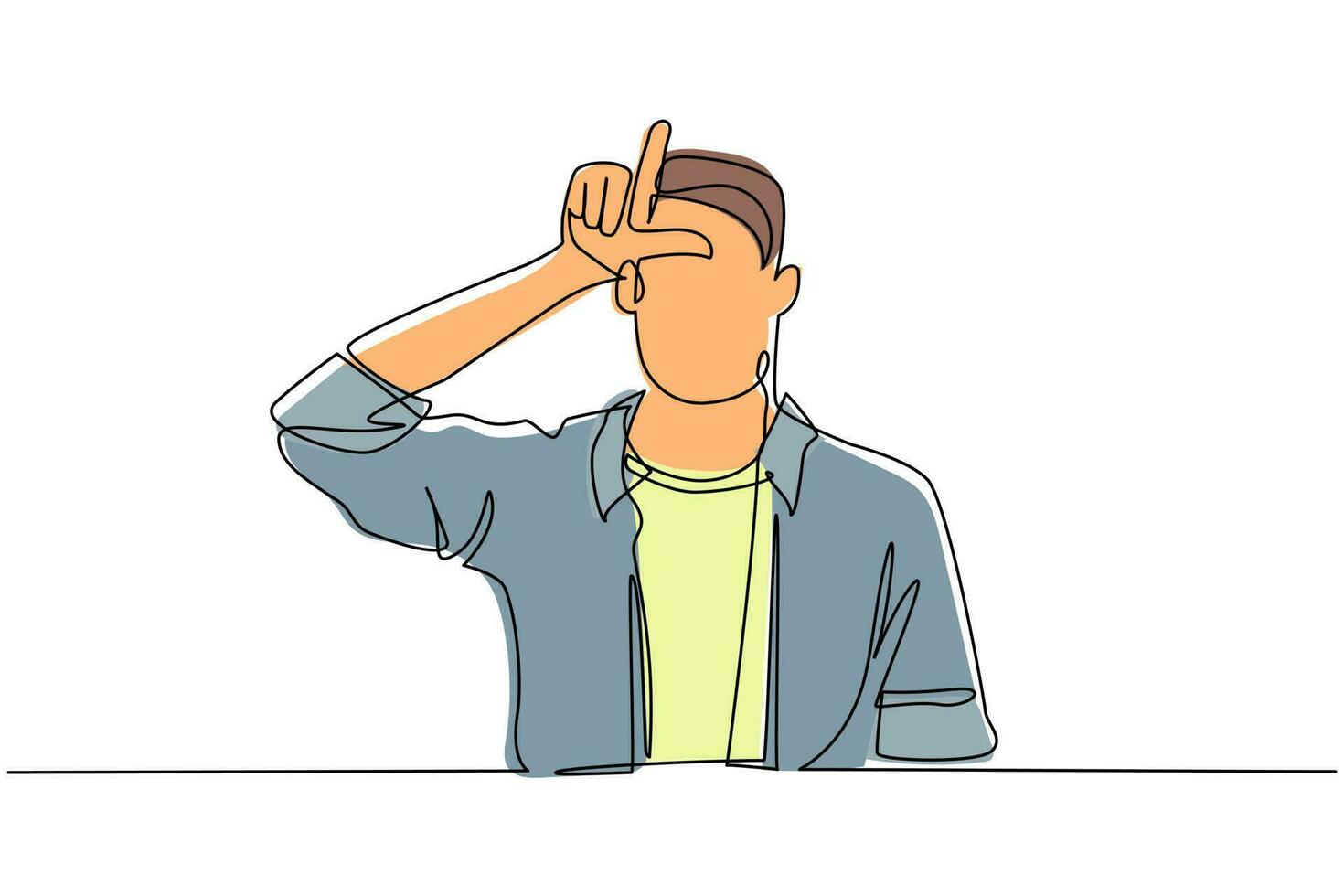 Single continuous line drawing unhappy man showing loser sign on forehead with fingers. Stressed trendy person gesturing hand over head. Male making 'L' symbol. One line draw graphic design vector