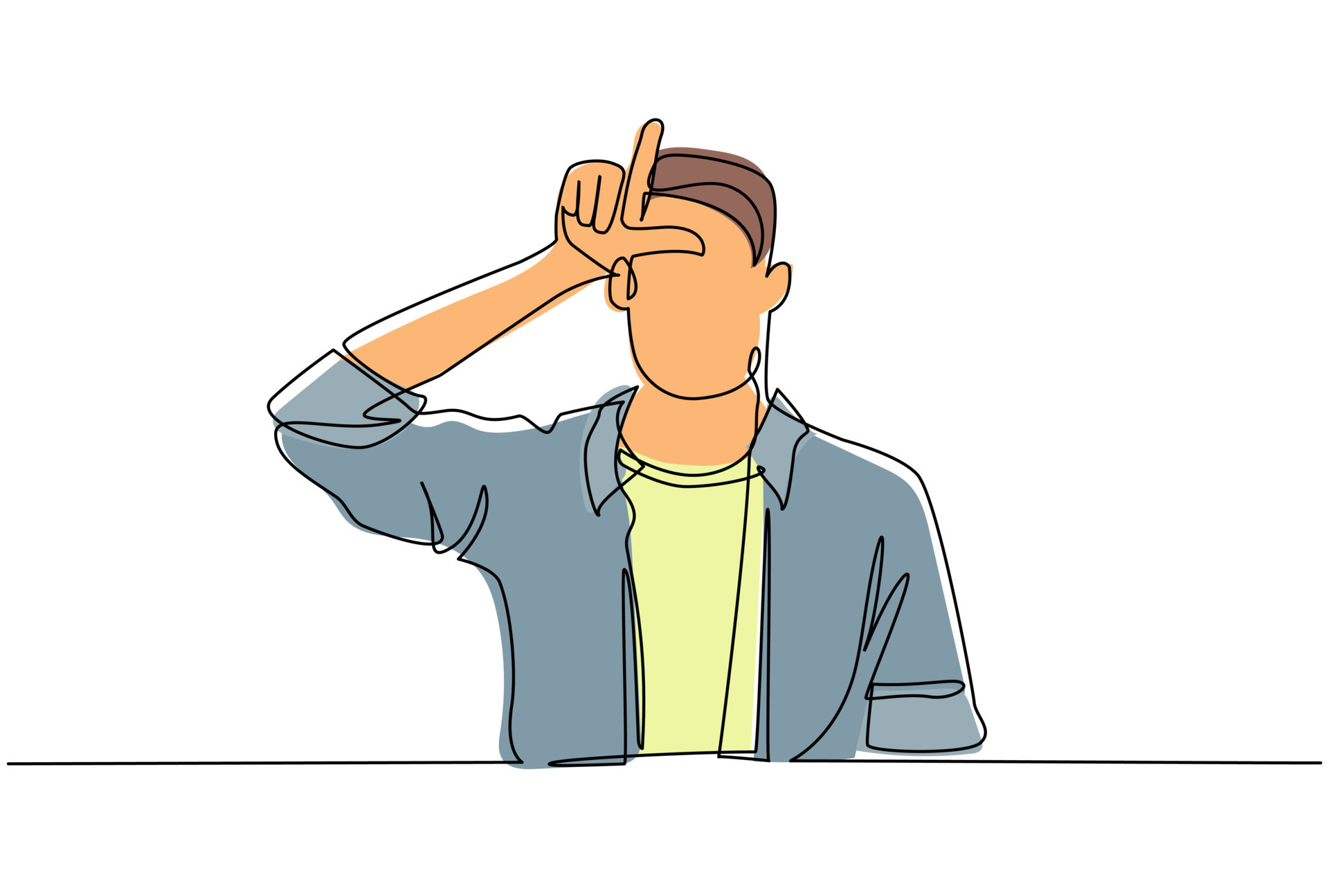 Single continuous line drawing unhappy man showing loser sign on Single continuous line drawing unhappy man showing loser sign on