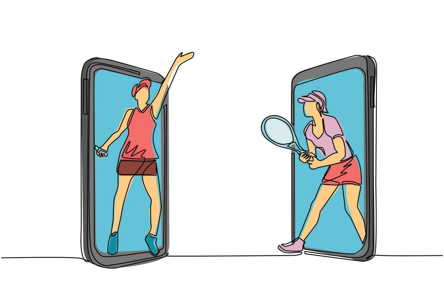 Continuous one line drawing two tennis players comes out from cellular phone ready to play. Two women tennis players play with rackets on court. Championship, training. Single line draw design vector