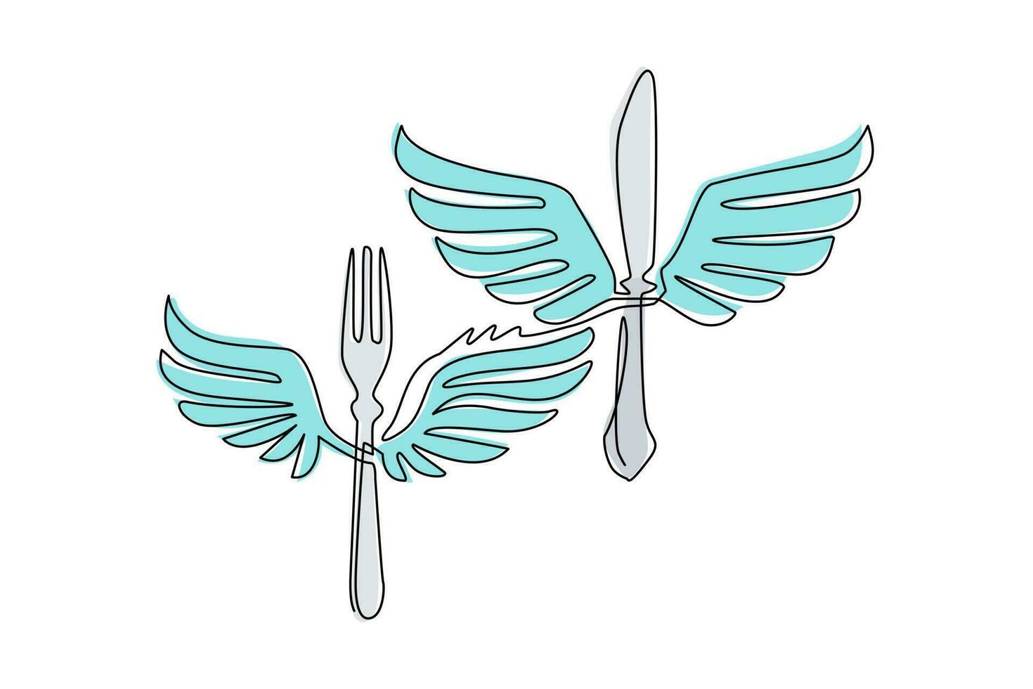 Single continuous line drawing food fork and knife with wings fly flat logo symbol icon. Winged silhouette fork and knife. Food business theme. Dynamic one line draw graphic design vector illustration
