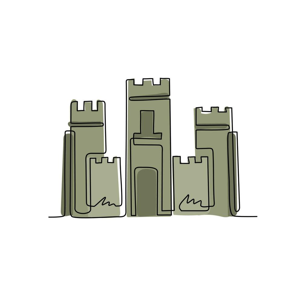 Continuous one line drawing knight's castle. Stone medieval fortress with tower, wall and gate. Protection from enemies. Reliability and defense of the city. Single line draw design vector graphic