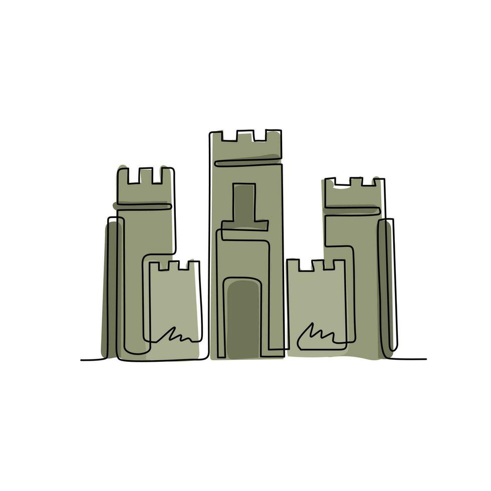 castillo de caballero de dibujo continuo de una línea. fortaleza medieval de piedra con torre, muralla y puerta. protección de los enemigos. fiabilidad y defensa de la ciudad. gráfico vectorial de diseño de dibujo de una sola línea vector