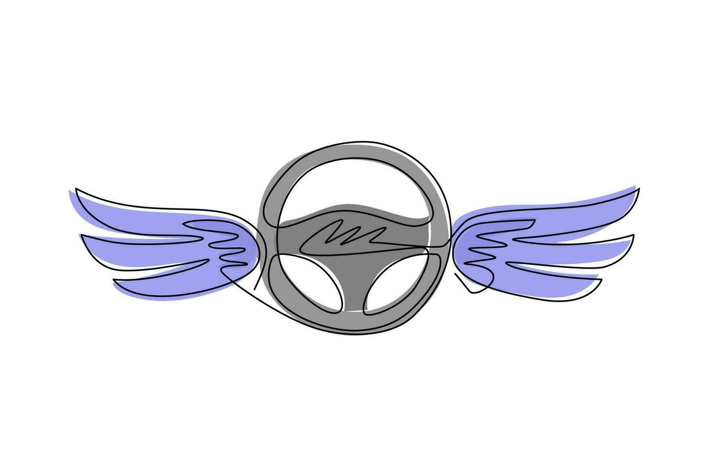 Continuous one line drawing steering wheel with wings. Driving school logo or symbol. Design flat element for emblem, sticker, badge, label, icon. Single line draw design vector graphic illustration
