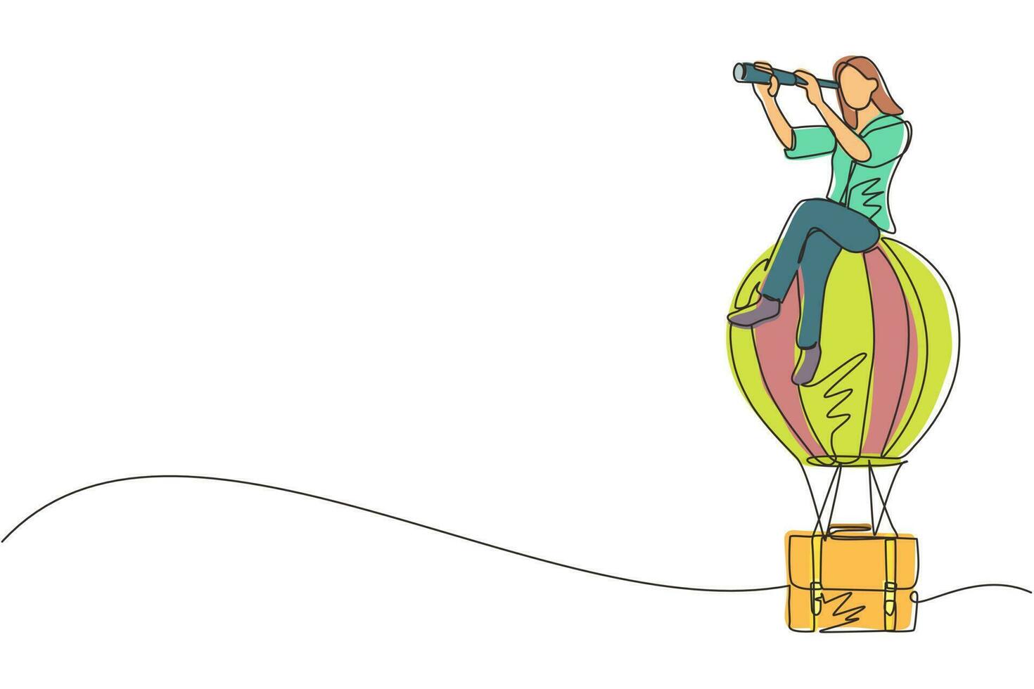 Continuous one line drawing businesswoman sitting and looking through telescope in hot air balloon briefcase. Female in suitcase balloon search to success. Business travel. Single line design vector