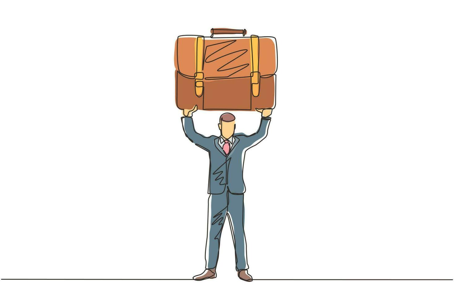 Single continuous line drawing strong manager or businessman raises big briefcase. Business person has achieved success. Rejoices in success. Dynamic one line draw graphic design vector illustration