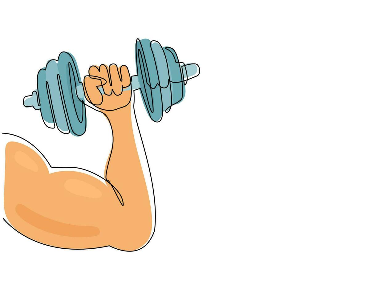 Single continuous line drawing hand holding dumbbell. Hand with muscle in holding barbell. Gym