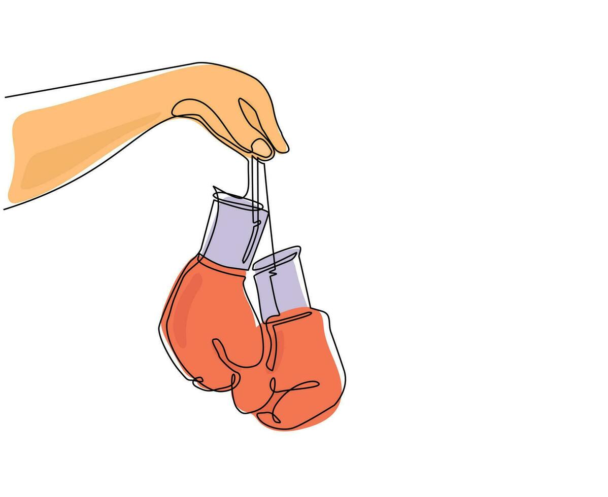 Single one line drawing boxer hand holds pair of boxing gloves. Man hand in sporty style holds red leather boxing gloves on white background. Continuous line draw design graphic vector illustration