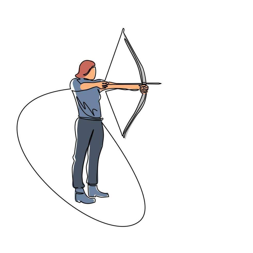 Single continuous line drawing young girl with bow and arrow. Female holding bow and arrow aiming to shoot. Archer with bow and arrow. Part of set. One line draw graphic design vector illustration