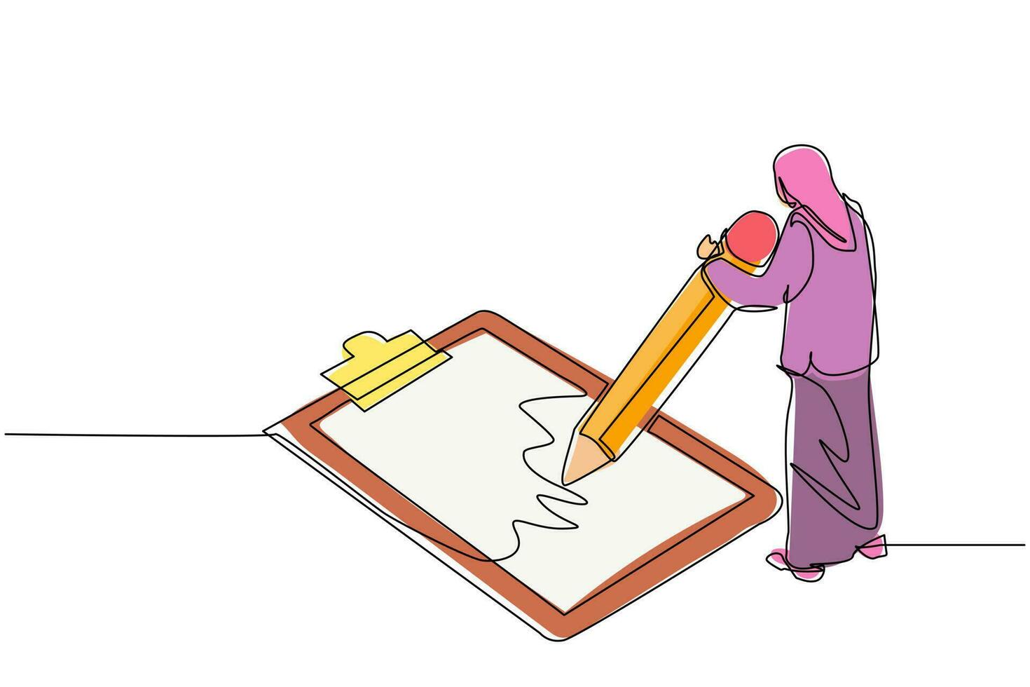 Single one line drawing Arabian businesswoman filled out questionnaire. Woman standing near big checklist. Female with pencil writes test on clipboard. Continuous line draw design vector illustration