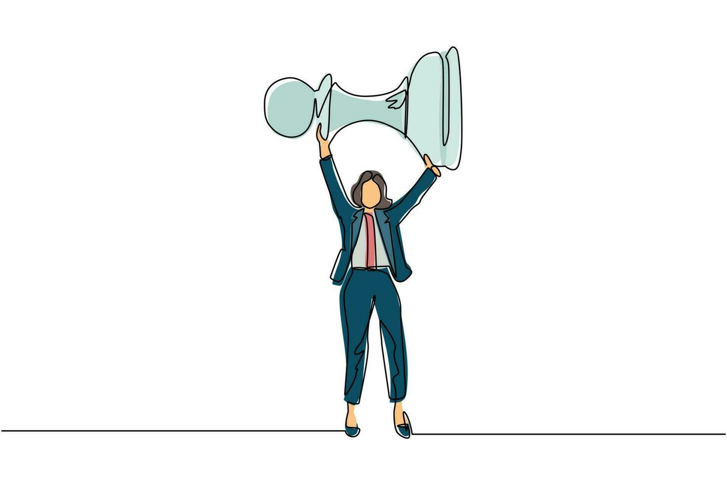 Single continuous line drawing cute businesswoman holding, lifting pawn chess piece. Successful entrepreneurship tactics or strategy, superiority in business. One line draw design vector illustration