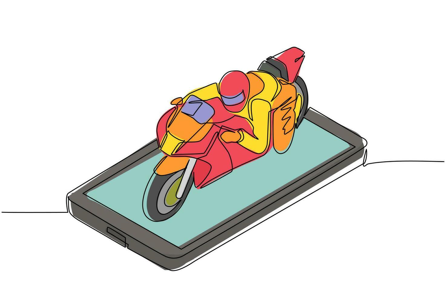 motociclista de dibujo de una sola línea continua con casco, montando motocicleta en la pantalla del teléfono inteligente. hombre en overoles de corredor y casco sentado en bicicleta deportiva. ilustración de vector de diseño gráfico de dibujo de una línea