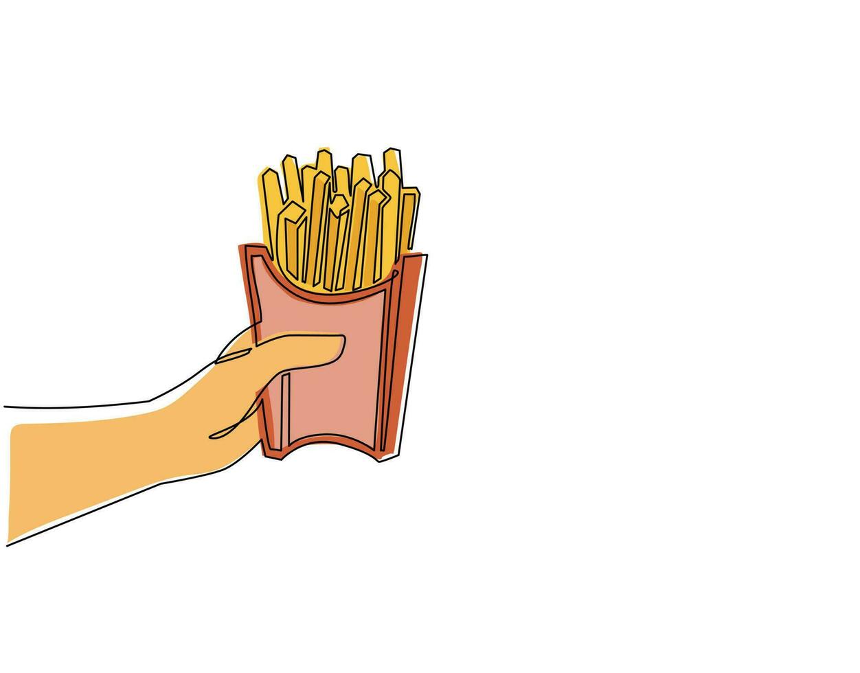 Continuous one line drawing hand holding french fries in paper box. Potato snack fast food menu symbol object. For restaurant or cafe drink menu. Single line draw design vector graphic illustration