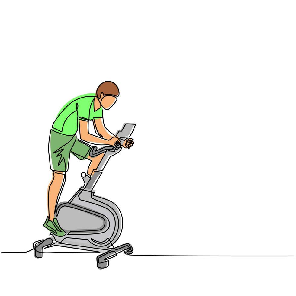 Single one line drawing man doing cardio. Stationary bike. Spinning exercise. Young man doing routine exercise at home using static bike. Modern continuous line draw design graphic vector illustration