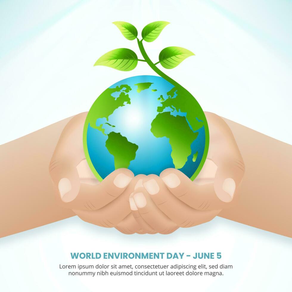 Square world environment day background with hand holding earth with plant vector