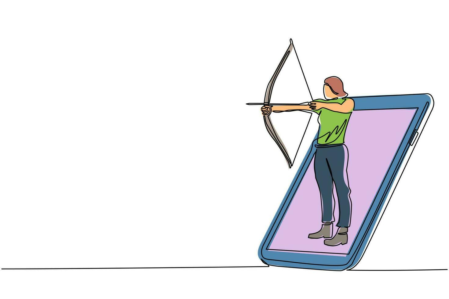 Single continuous line drawing woman with bow and arrow getting out of smartphone screen. Mobile sports play matches. Online archery game with live mobile app. One line draw design vector illustration
