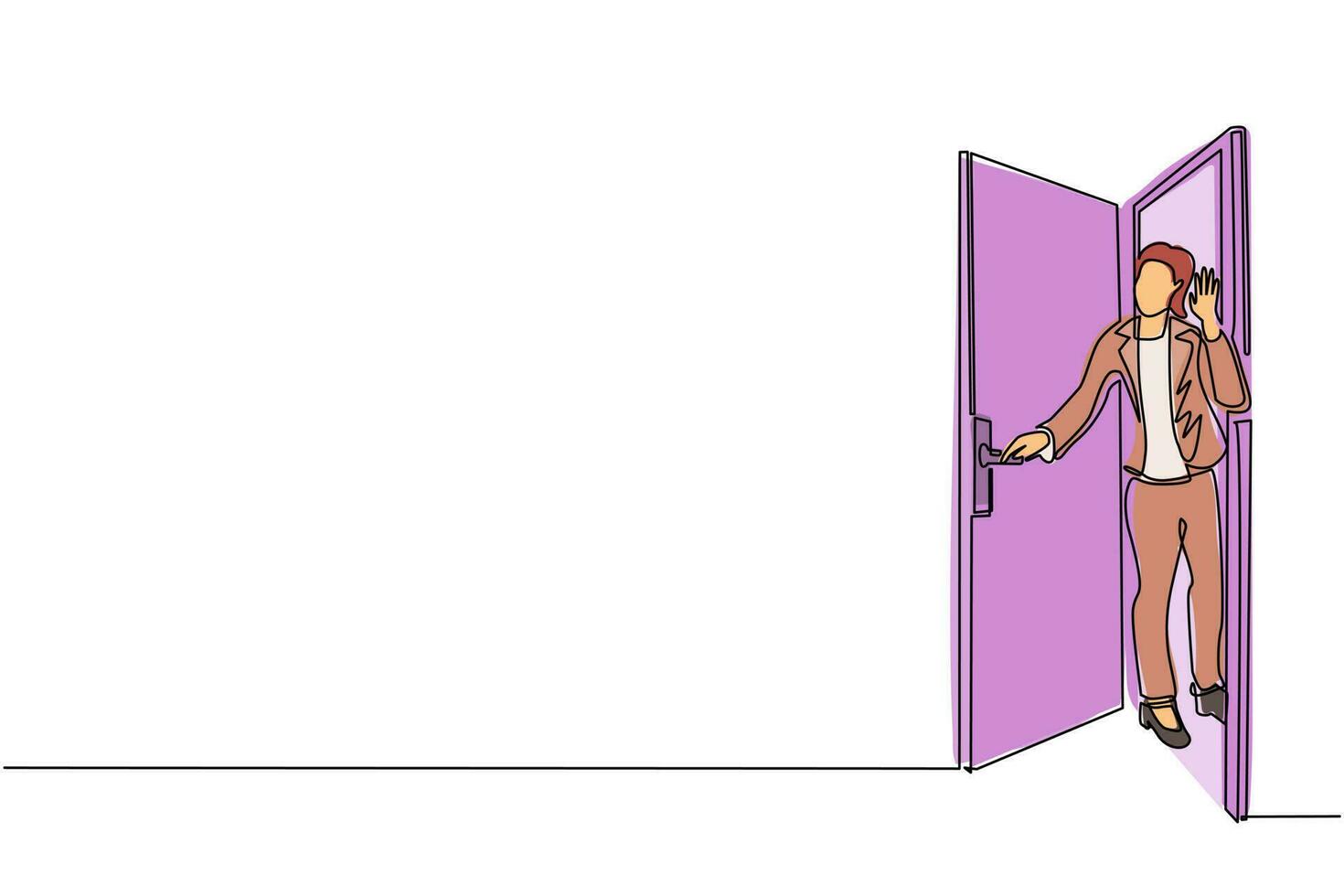 Single one line drawing businesswoman looking from behind open door. Woman peeking of door and wave hands. Cheerful female standing in doorway. Continuous line draw design graphic vector illustration