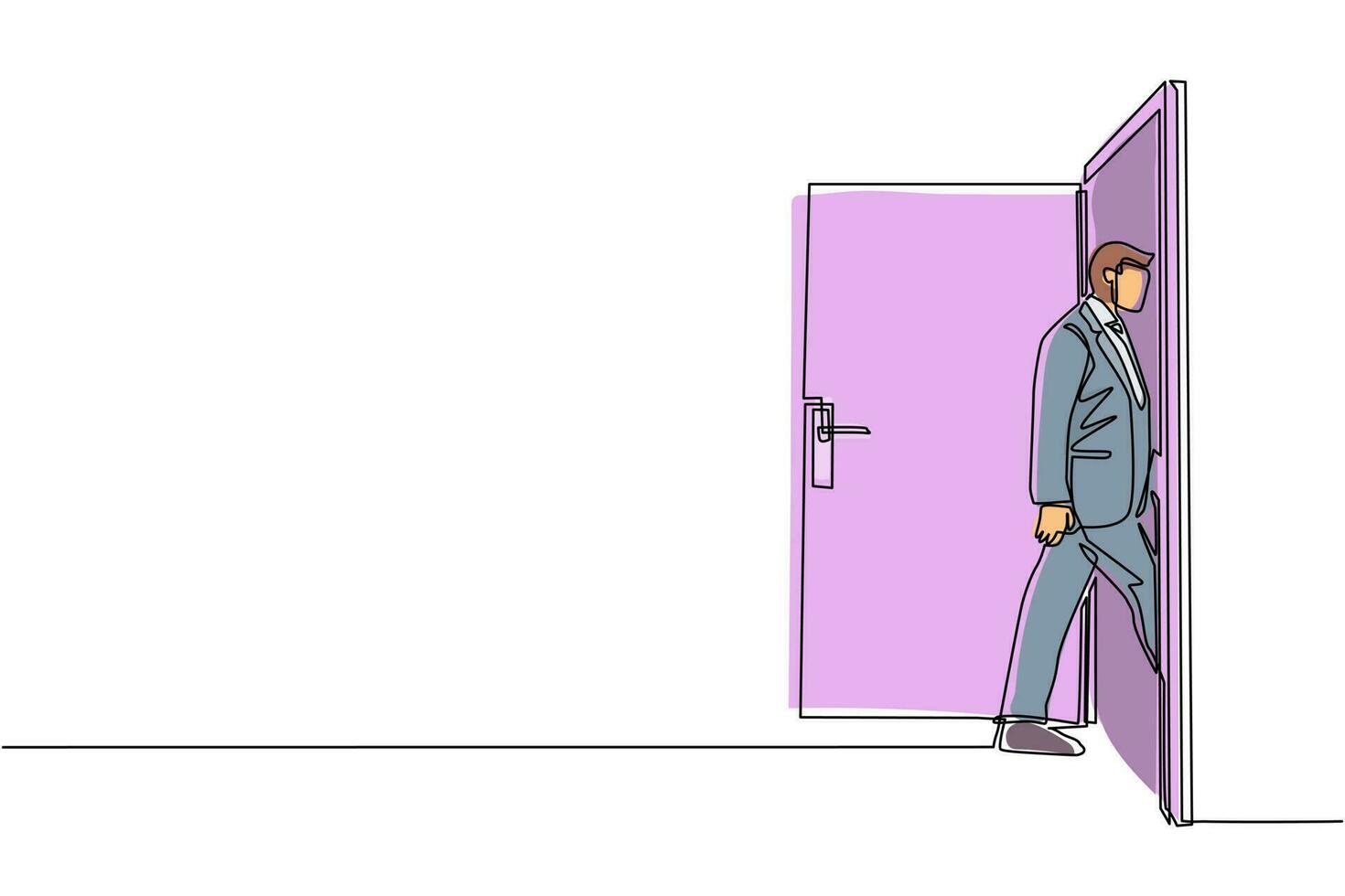 un empresario de dibujo de una línea continua entra en la habitación a través de la puerta. hombre caminando hacia la puerta abierta. comenzando un nuevo día en la oficina. concepto de negocio. ilustración gráfica de vector de diseño de dibujo de una sola línea