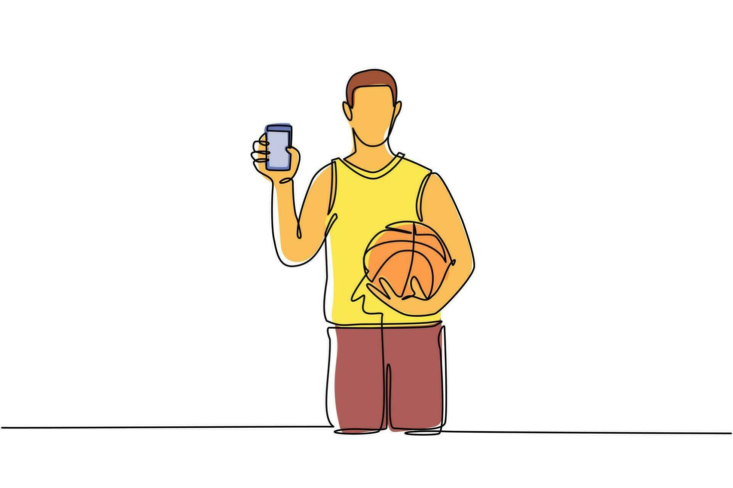Single continuous line drawing basketball player holding basketball ball and smartphone. Smartphone with app basketball. Mobile sports stream championship to play. One line draw graphic design vector
