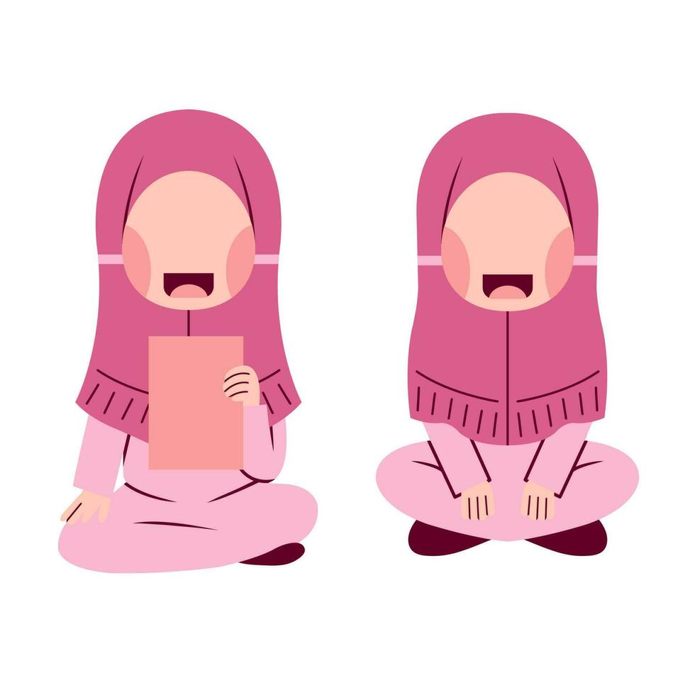 Set Of Hijab Girl Sitting On Floor vector
