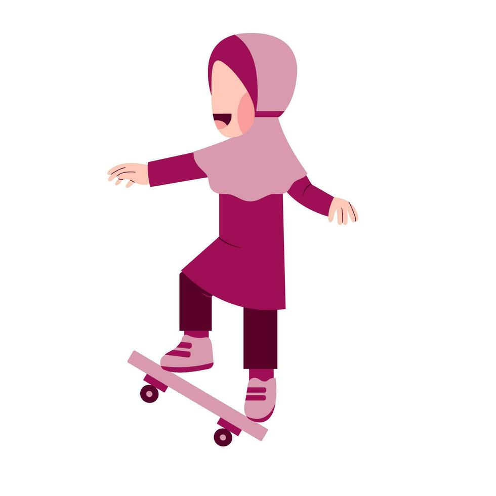 hijab niña personaje jugando patineta vector