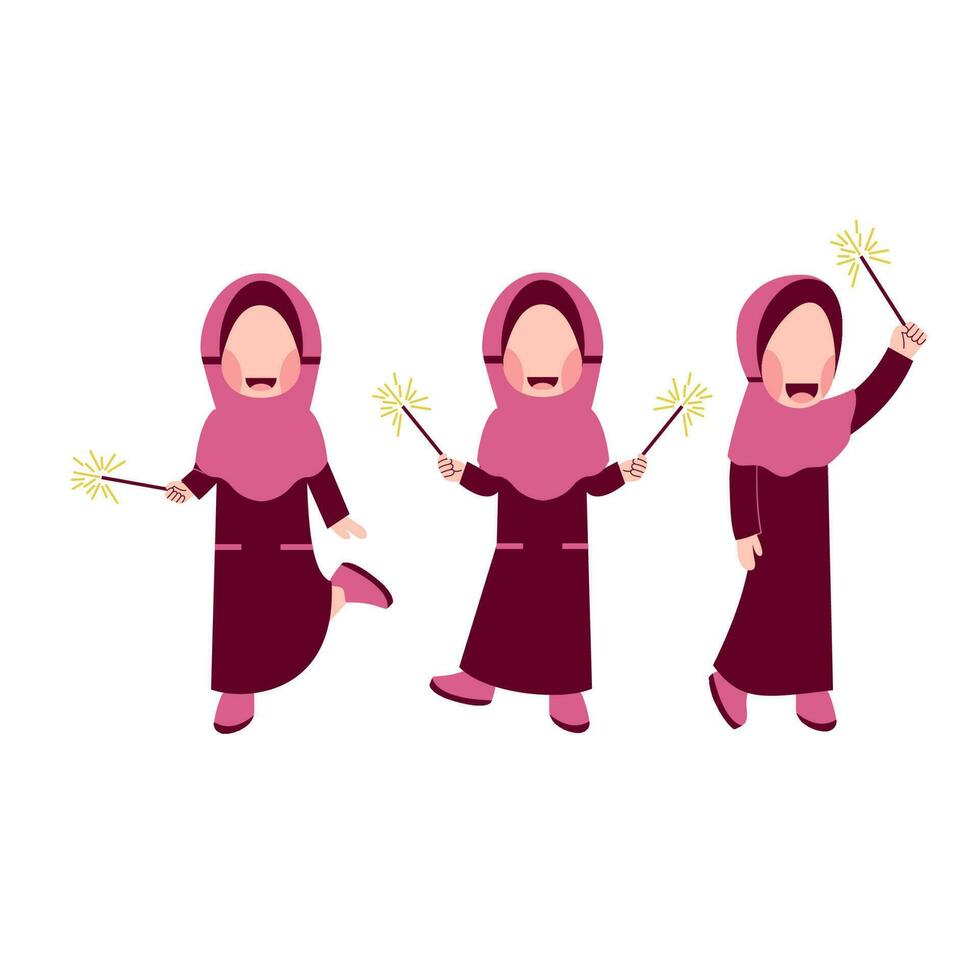 Set Of Hijab Girl Playing Fireworks vector