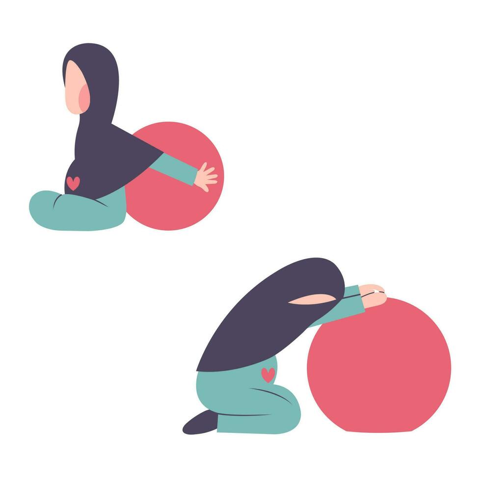 Set Of Pregnant Hijab Mother Exercising With Fitness Ball vector