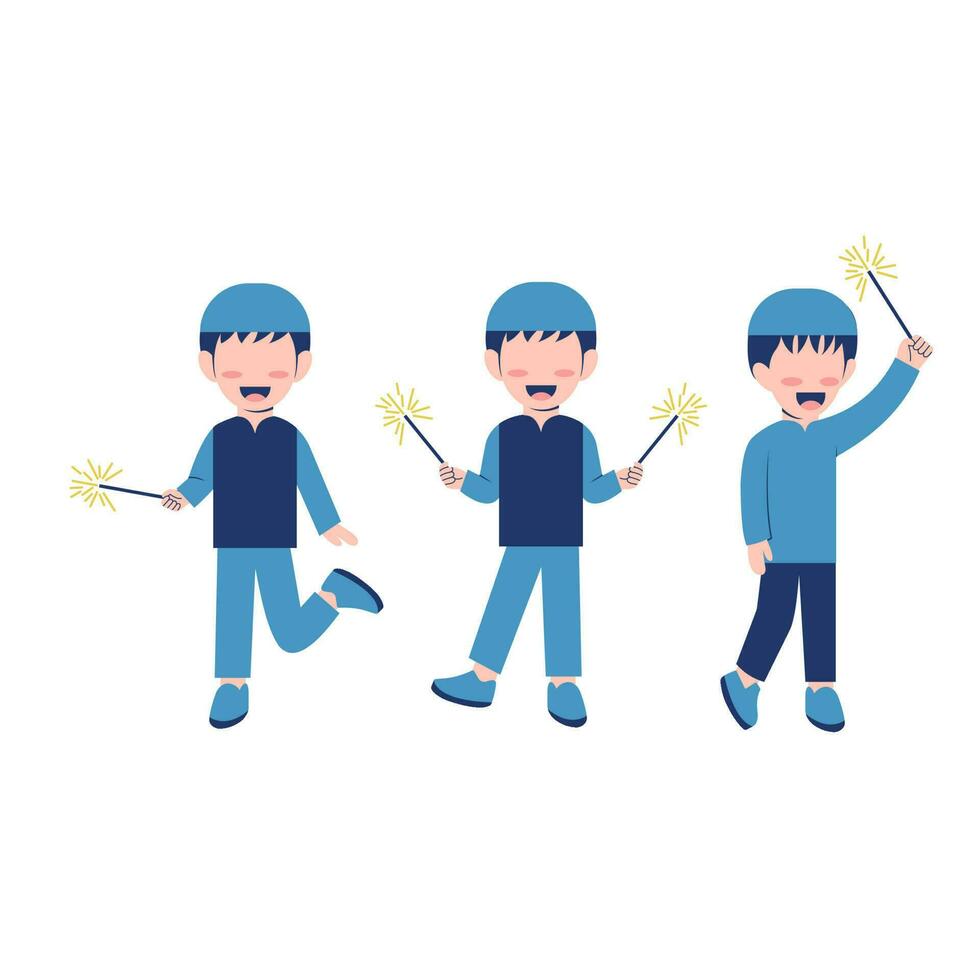 Set Of Muslim Boy Playing Fireworks vector