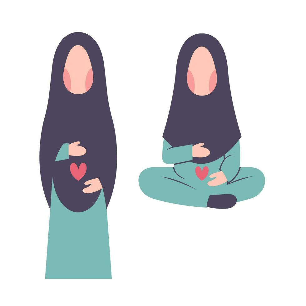Set Of Pregnant Hijab Mother Touching Belly vector