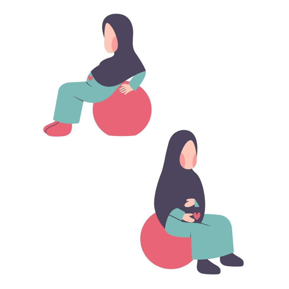 Set Of Pregnant Hijab Mother Exercising On Fitness Ball vector