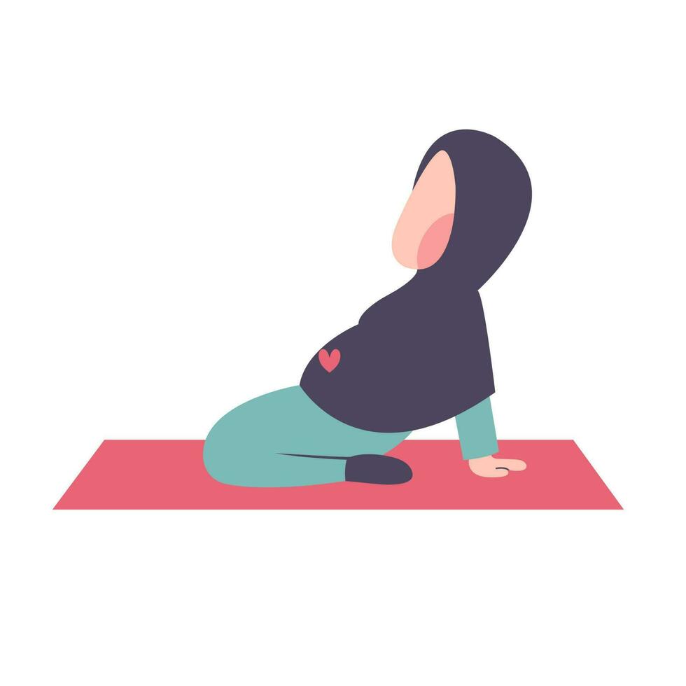 Pregnant Hijab Mother Exercising On Fitness Matt vector