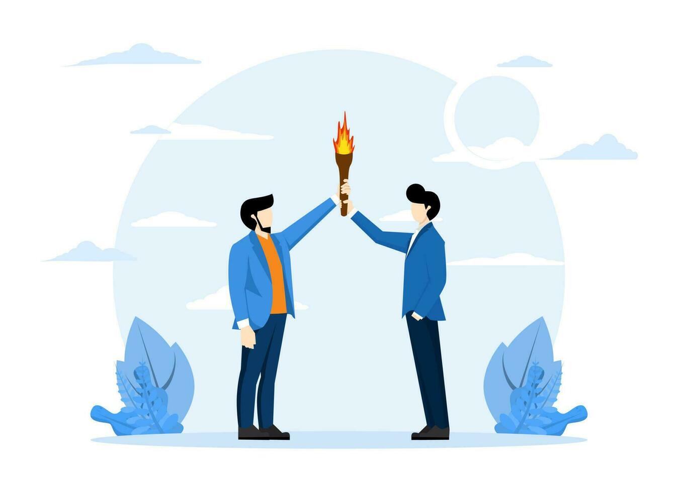 Successor plan, baton passing or transfer to new leader elected, new CEO change or collaboration to achieve goal and win business competition concept, smart businessman leader passing torch to success vector
