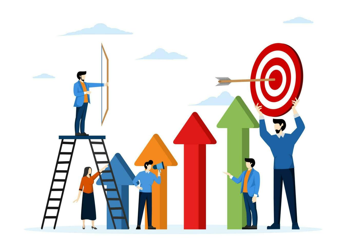 businessman archer aiming at the target, people run to their goal along the arrow to the cutter, increase motivation, the way to achieve the goal, flat vector illustration on a white background.