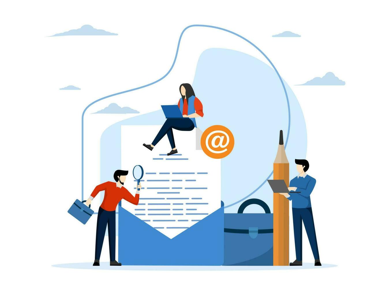 new message concept, incoming sms, mail notification, big document comes out of envelope and contains message, people receive notification message. Vector illustration in flat cartoon style.