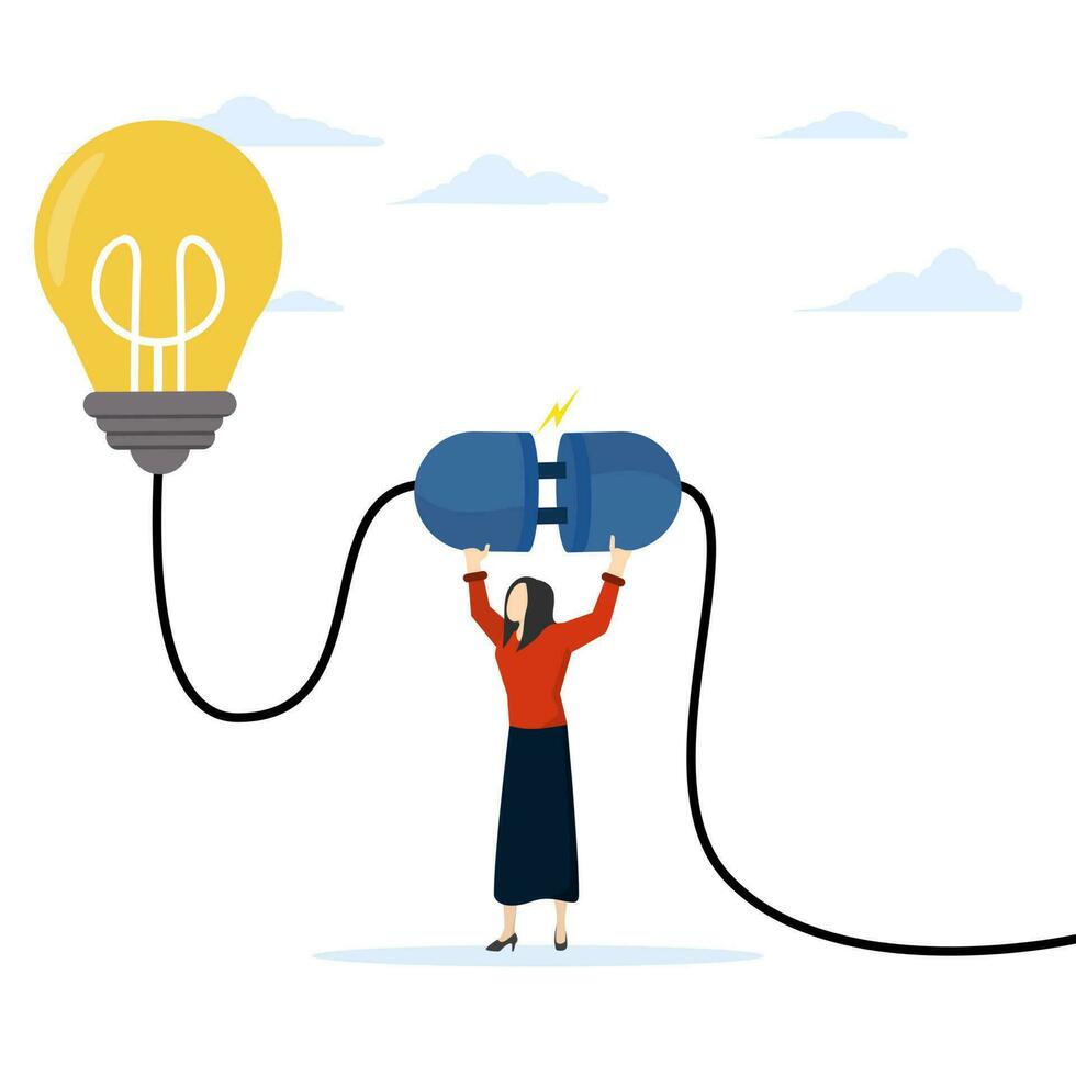 imagination or innovation for success, invention or resolution, creativity idea to get solution to solve problem, smart businessman connecting power plug to light up bright light bulb idea. vector