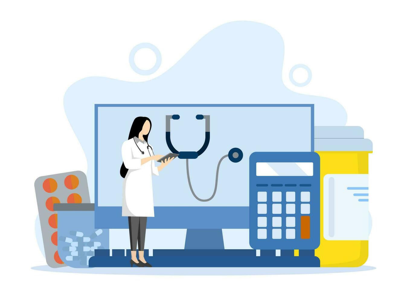 médico ilustración. el médico proporciona salud seguro servicios y paciente identificación tarjetas y prescripciones medicina y salud concepto. datos vector ilustración en blanco antecedentes.