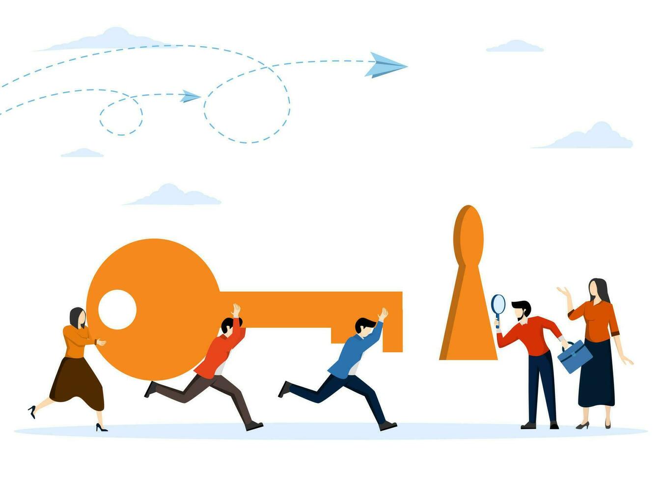Business solution concept, business team cartoon character walking together with big key in hand raised to open lock. key to success concept for web banner, web page. Flat vector illustration