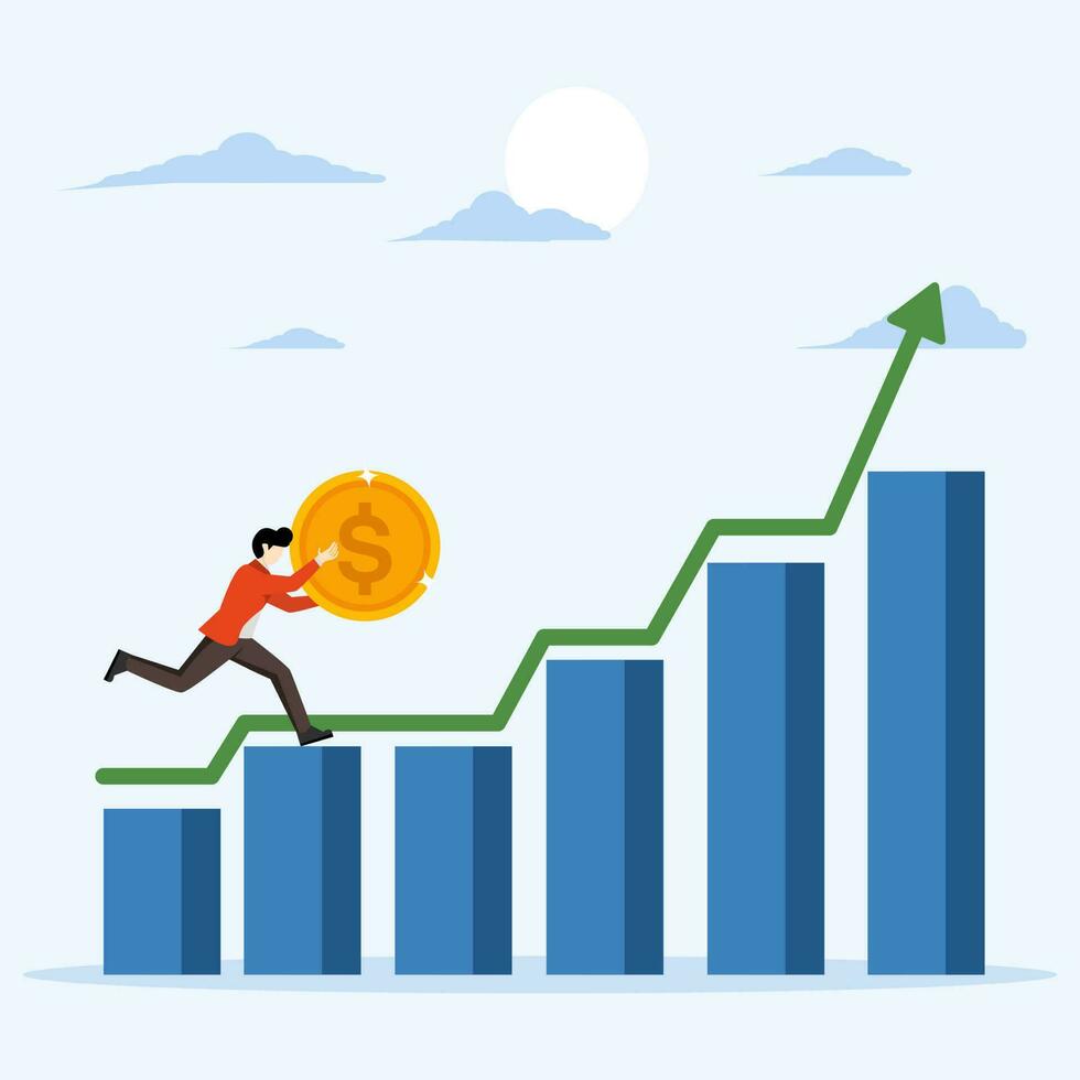 Investment graph, wealth management or asset growth concept, income or profit from stock exchange or mutual funds, businessman confidence carrying big dollar coin increasing financial graph. vector