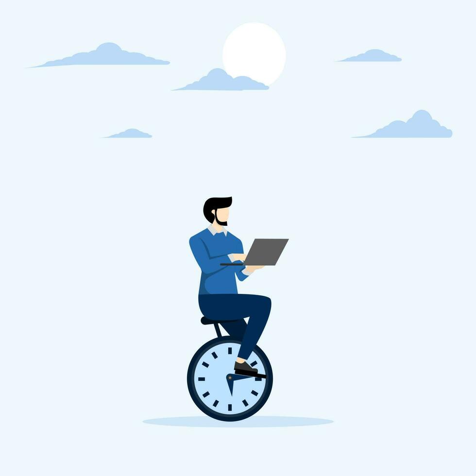 Time management, concept of speed and urgency, set to finish project within deadline, productivity or efficiency to get job done, smart businessman working hours driving laptop computer. vector