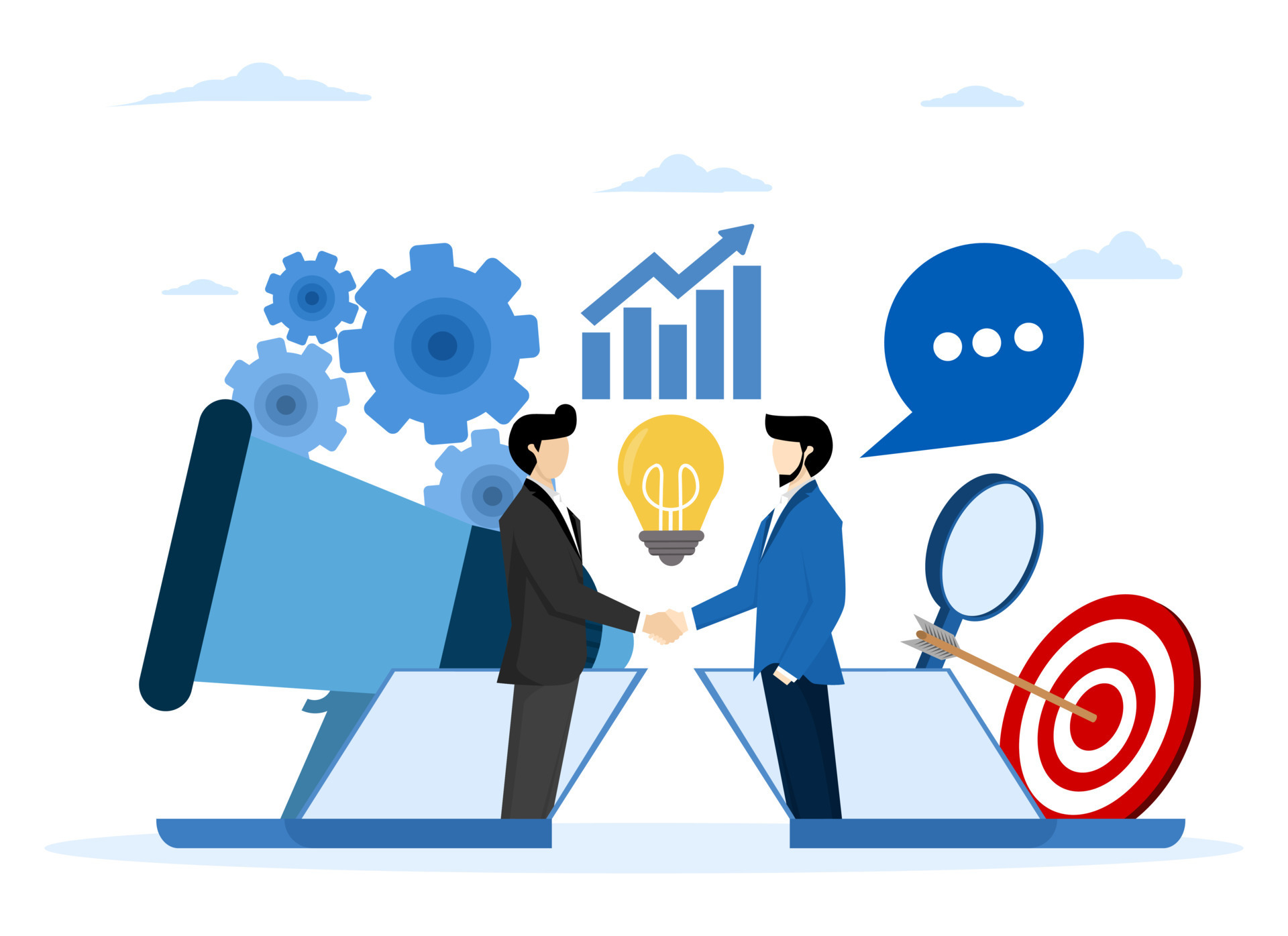 online transaction conclusion. opening of new startups. business handshake,  by phone and laptop. vector illustration in flat style investors save money  in online idea. flat vector illustration. 23659736 Vector Art at Vecteezy