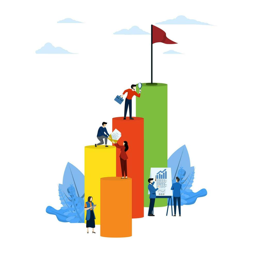 Concept of people moving to their goal in column, motivation moving up, path to reach target. work together to achieve a common goal or success in business Flat, colorful vector. vector