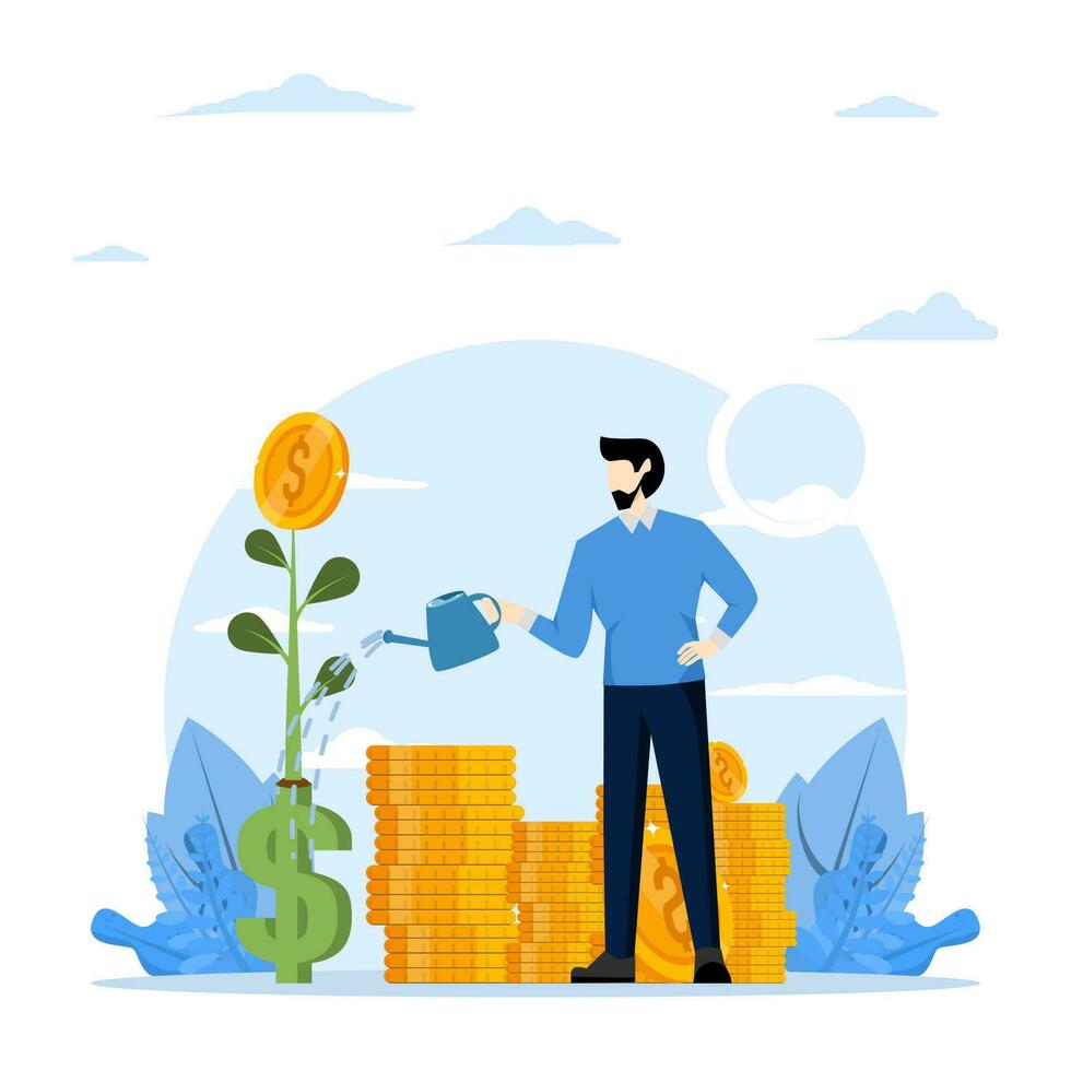 income or income concept, Money growth, investment profit growth or retirement pension fund, increase in wealth and income, businessman watering the seeds growing on the interest of dollar money coins vector