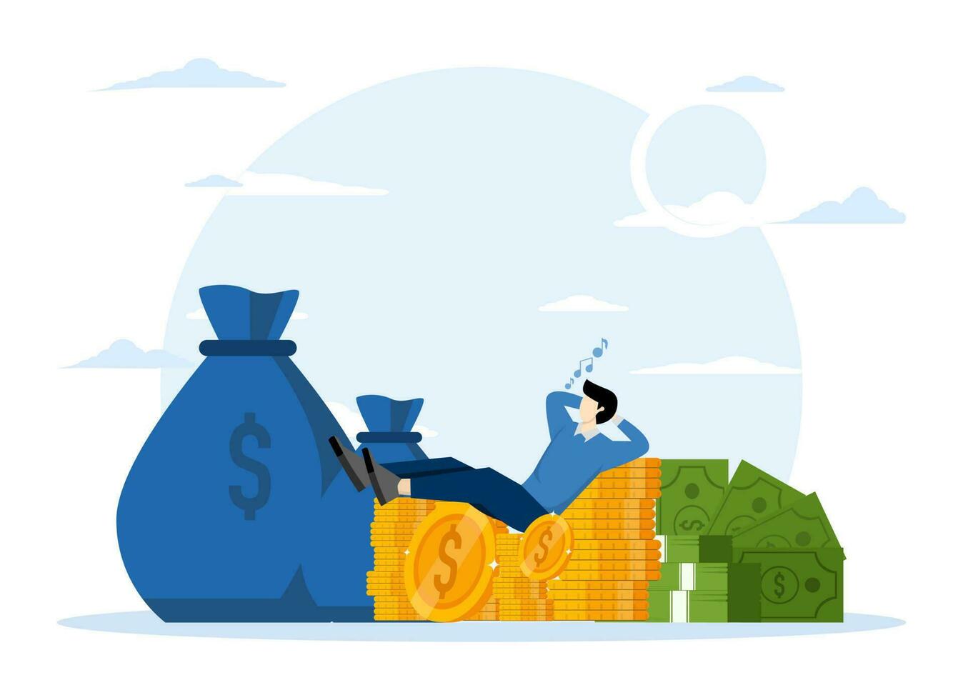 successful businessman earning investment profit, Rich man with wealth, early retirement financial independence concept, happy rich businessman lying singing on pile of coins and banknotes. vector