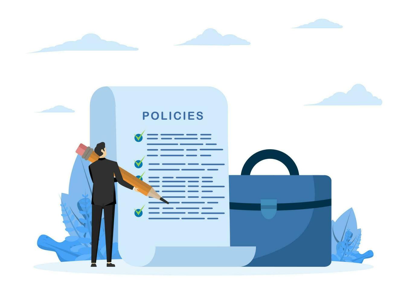 Company policy document, approval or process to be followed, company regulations or guiding concept, legal terms and services, businessman holding pen with company policy documents and business bag. vector