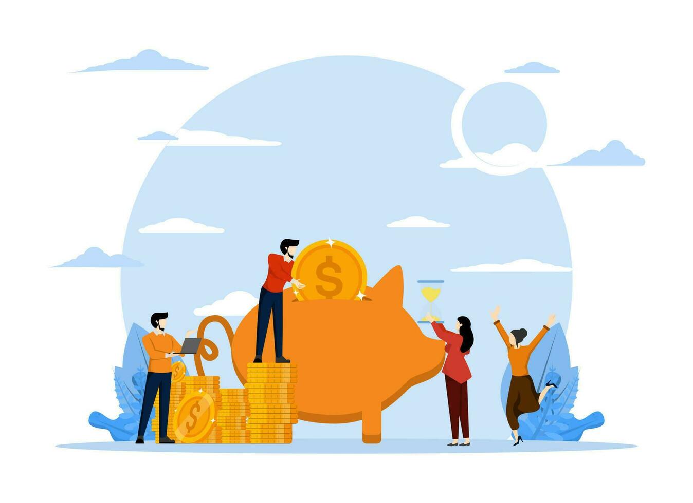 Saving money to the Piggy Bank. Depicts People Putting Money Into Banking To Save Money For Return On Investment ROI. Character concept vector illustration for Web landing page, Mobile Application