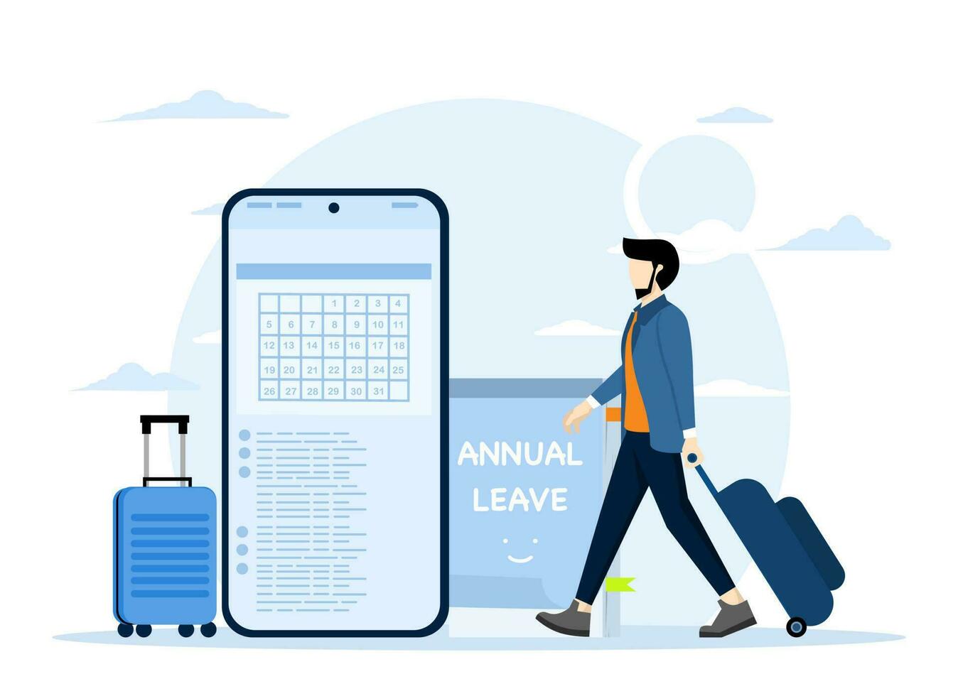 Annual leave concept, day off or vacation to rest and relax from hard work, time reminder, happy businessman walking with luggage from calendar with notes on annual leave. vector