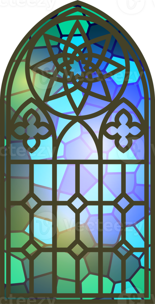 Gothic stained glass window. Church medieval arch. Catholic cathedral mosaic frame. Old architecture design png