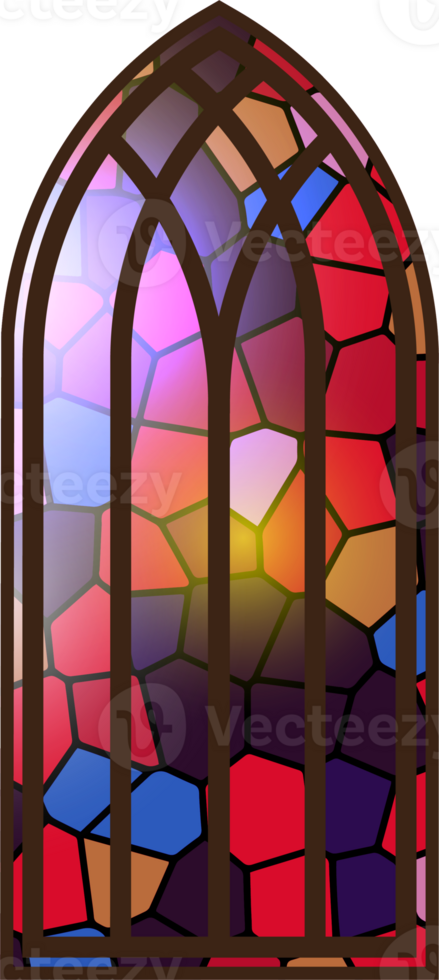 Gothic stained glass window. Church medieval arch. Catholic cathedral mosaic frame. Old architecture design png